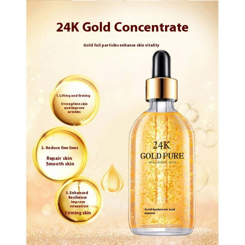 24K Gold Concentrate facial essence in a bottle, designed to enhance skin vitality and reduce fine lines.