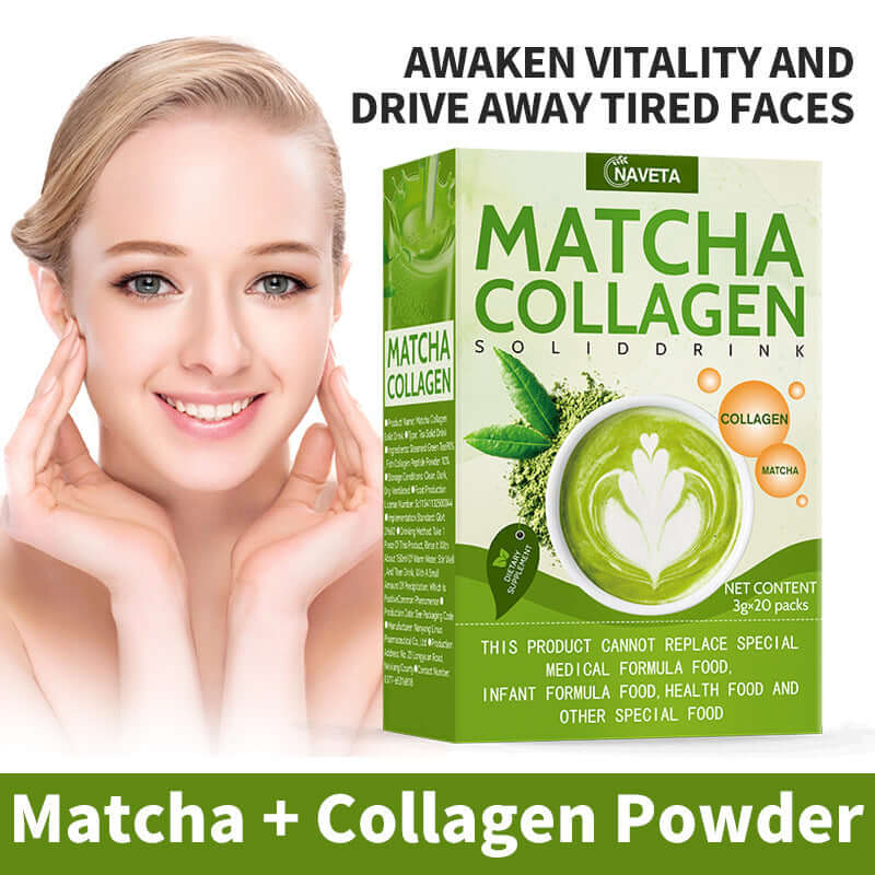 Glutathione Collagen Matcha Powder box with a woman smiling, promoting vitality and skincare benefits.