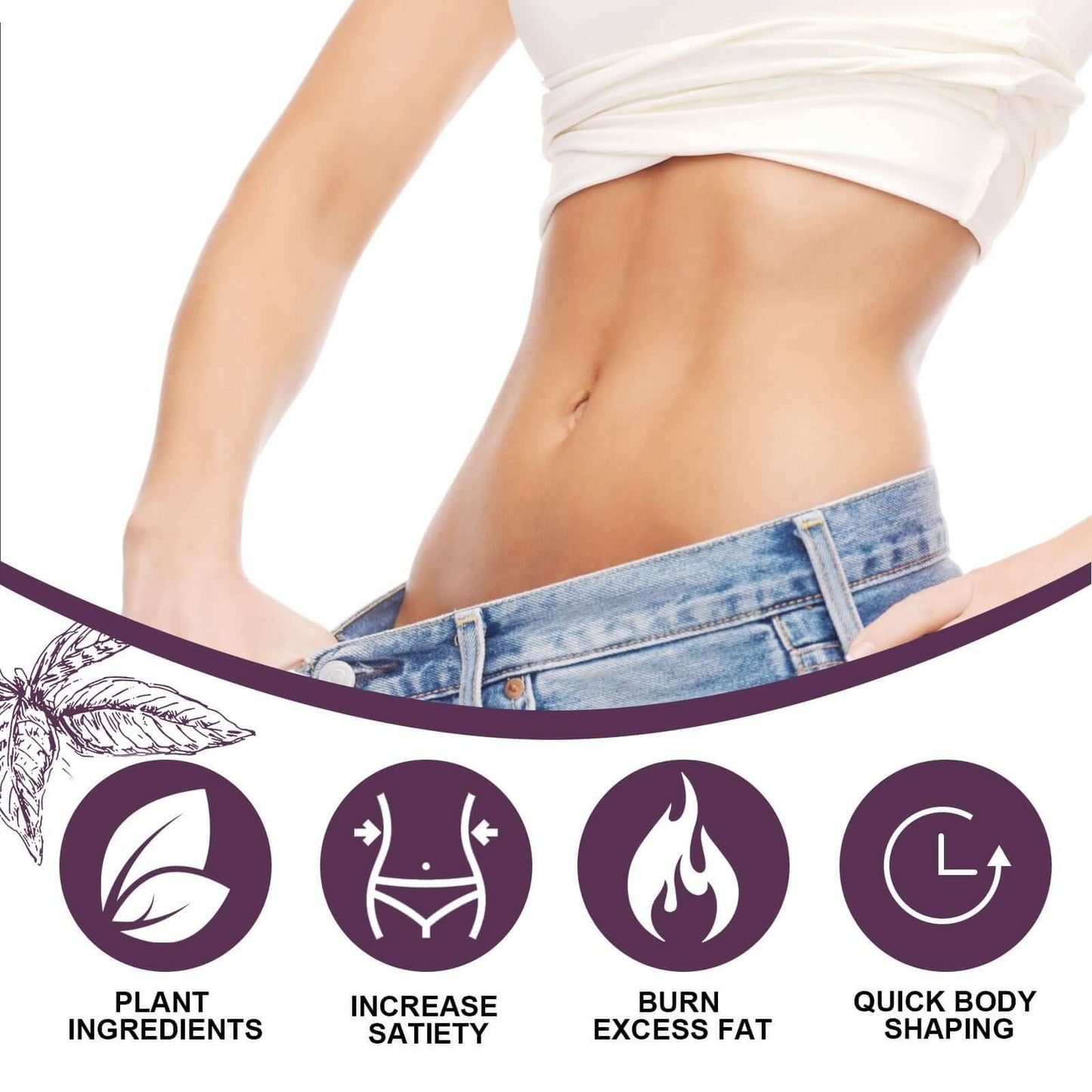 Body shaping drops with plant ingredients for burning excess fat and enhancing body contour.