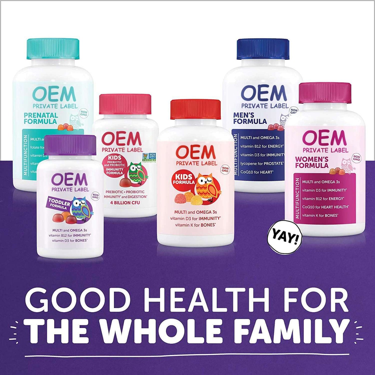 Various OEM vitamin bottles for family health, including prenatal, kids, men's, and women's formulas.