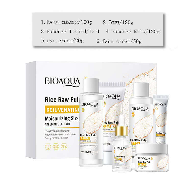 Hydrating skincare set for ladies including facial cleanser, toner, essence liquid, eye cream, and face cream.