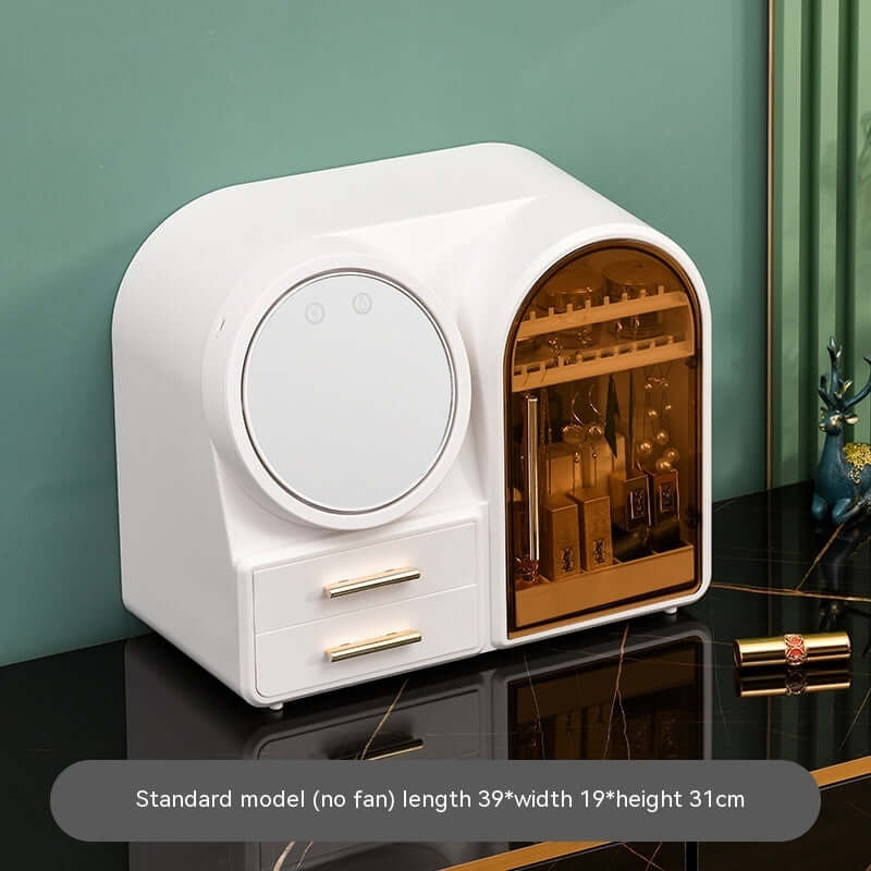 Elegant white lipstick storage rack with mirror and drawer, ideal for cosmetics organization.