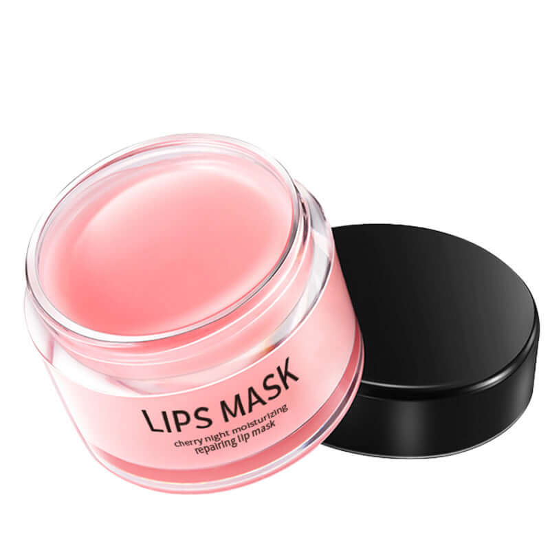 Moisturizing cherry night lip mask in a clear jar for soft and smooth lips.