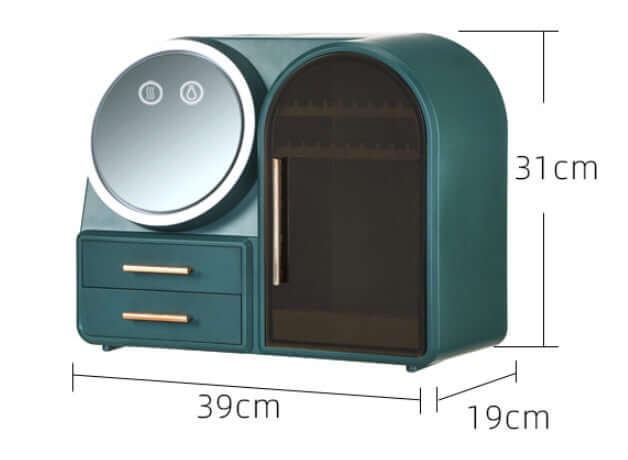 Stylish teal lipstick storage rack with mirror and drawers, perfect for organizing cosmetics.