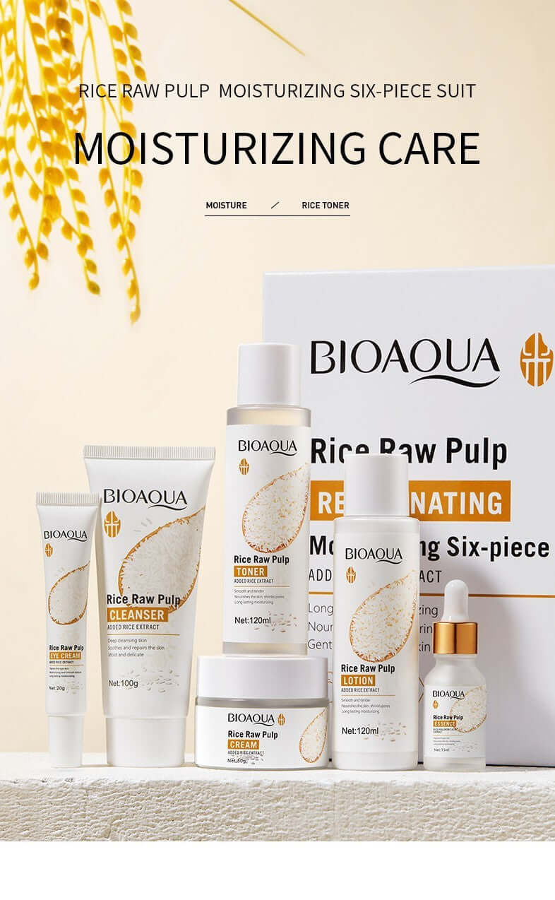 BioAqua Rice Raw Pulp Moisturizing Six-Piece Suit for effective skincare and hydration, featuring cleanser, toner, and serum.