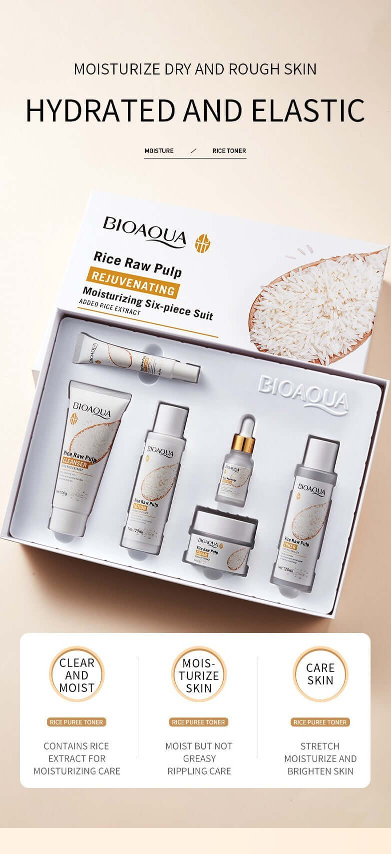 BioAqua Rice Raw Pulp Rejuvenating Skincare Set featuring six moisturizing products for hydrated and elastic skin.