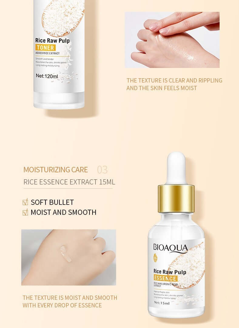 Moisturizing skincare products featuring Rice Raw Pulp Toner and Essence for smooth, hydrated skin.