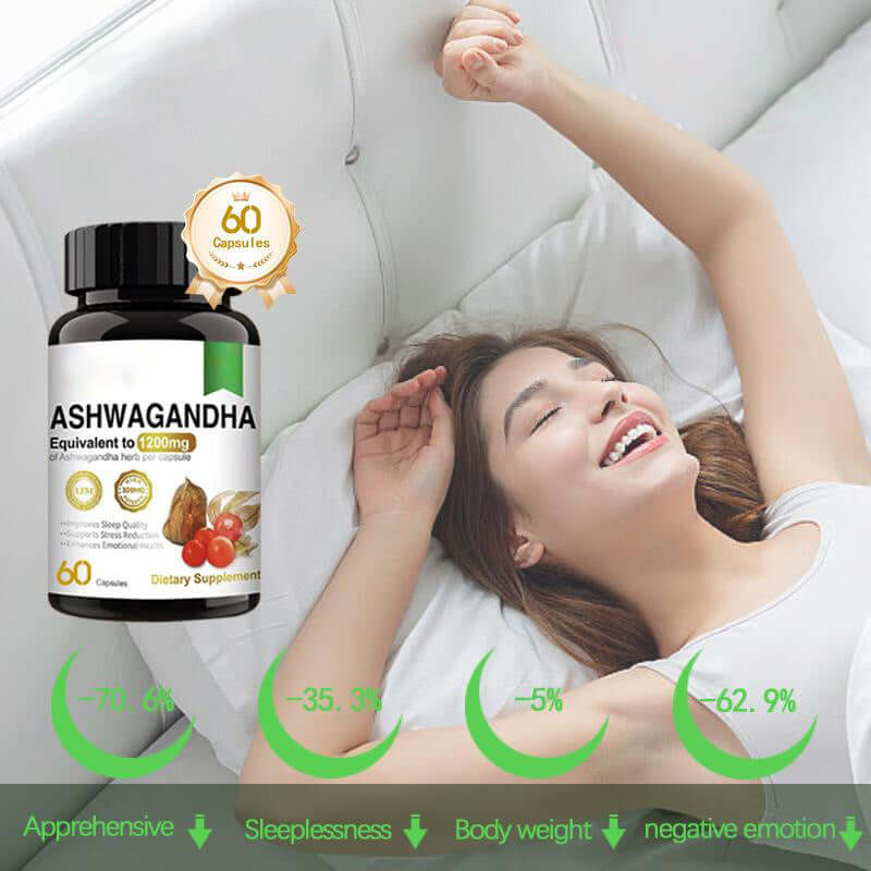 Ashwagandha dietary supplement bottle with a woman sleeping peacefully, showcasing benefits on sleeplessness and emotional wellness.