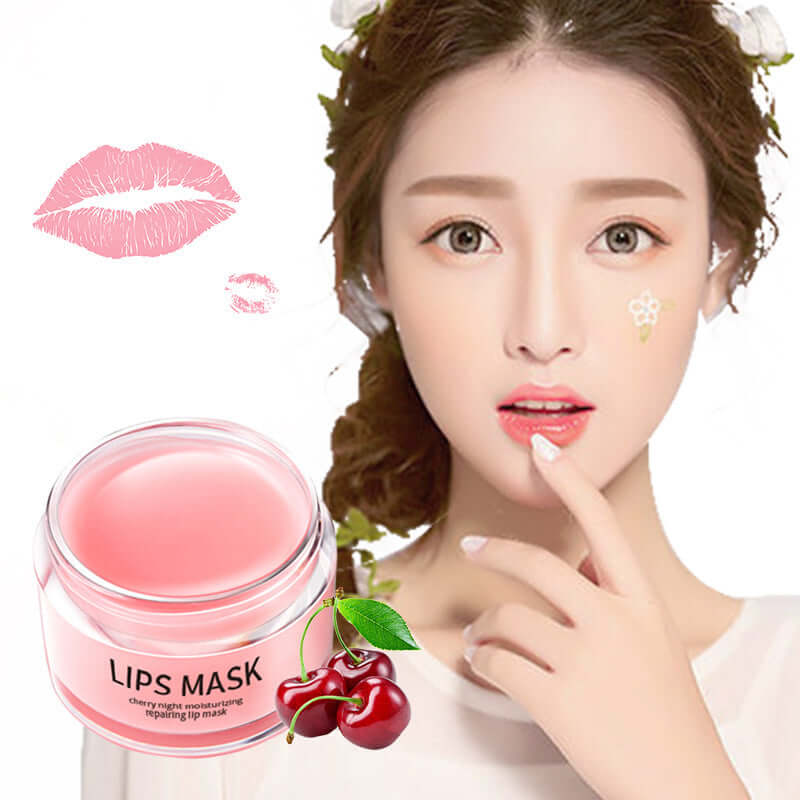 Moisturizing cherry lip mask in a jar beside a woman with smooth skin, showcasing beautiful lip care.