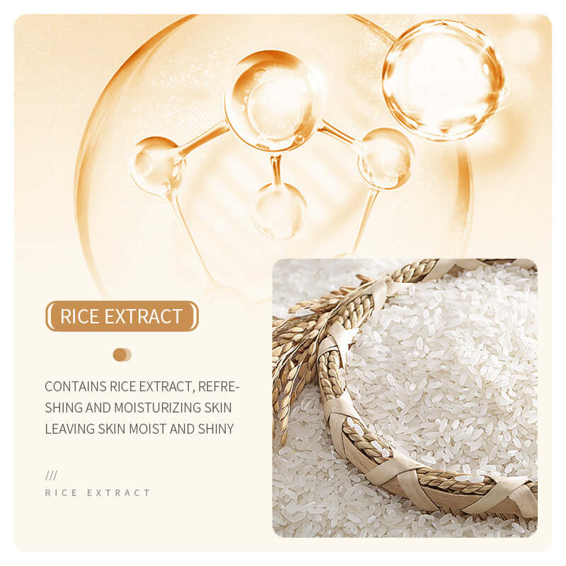 Image highlighting rice extract, known for refreshing and moisturizing skin, keeping it moist and shiny.