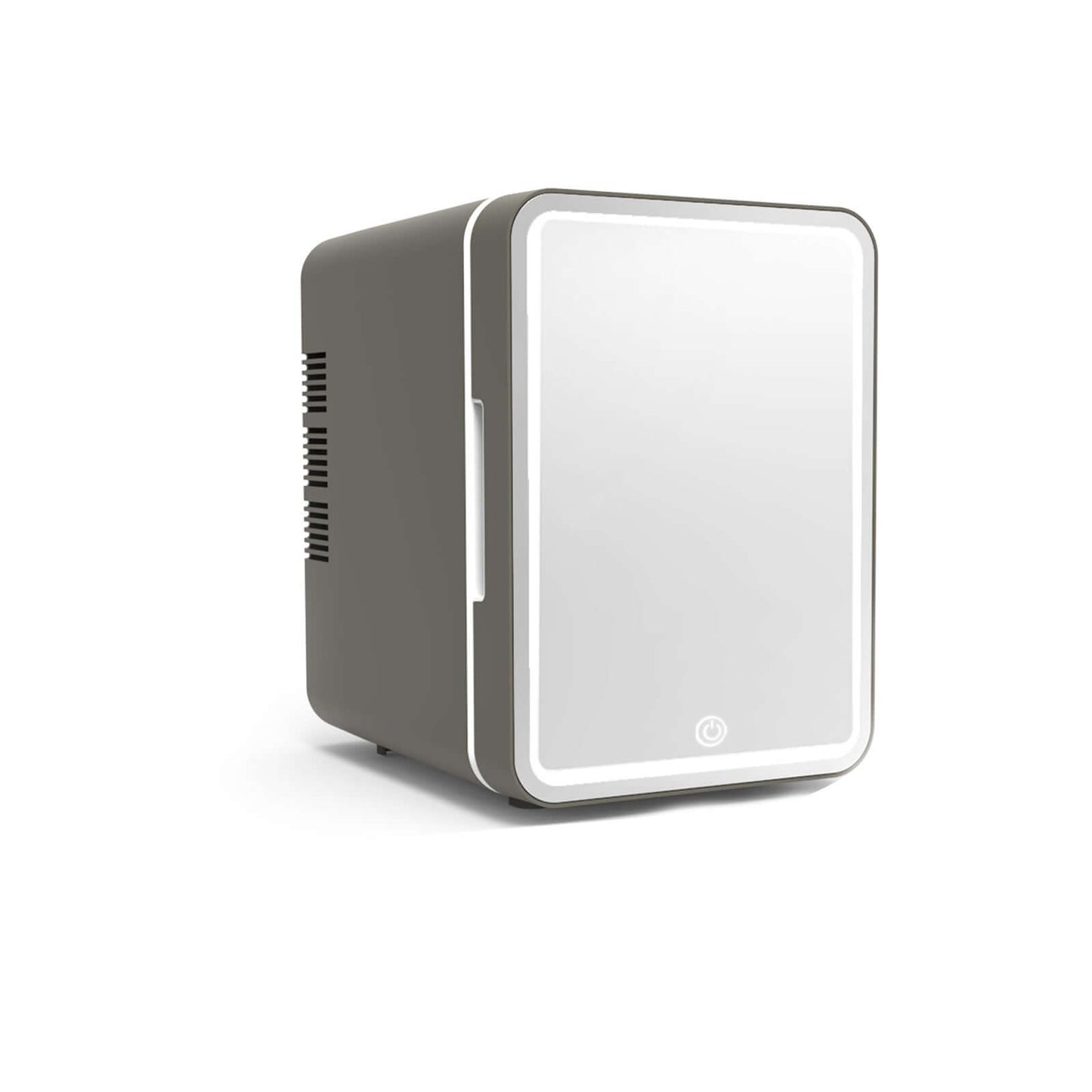 Mini beauty refrigerator with LED lights in gray color, featuring a sleek mirror design for skincare storage.