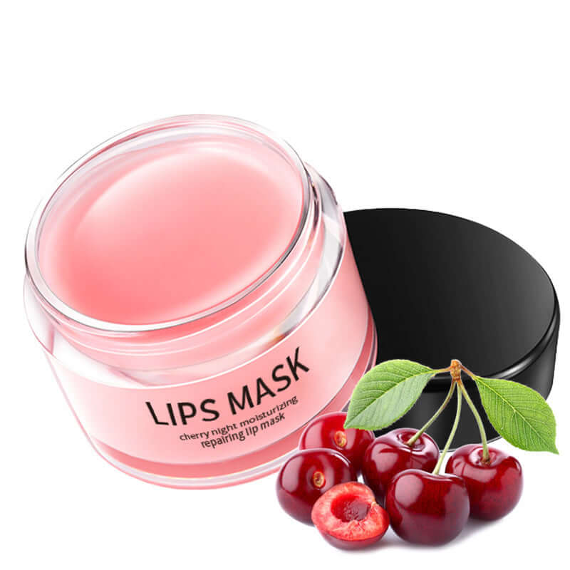 Cherry lip mask in a jar with pink texture, next to fresh cherries, designed for moisturizing and repairing lips.