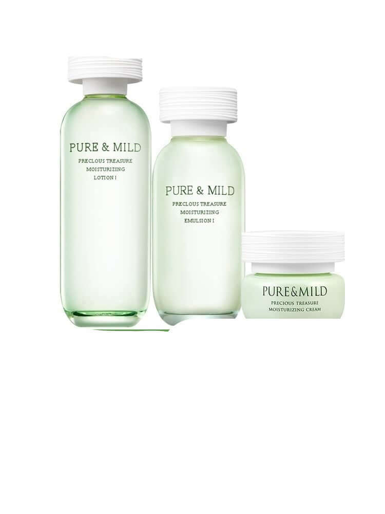 Natural summer skincare products for students: hydrating lotion, emulsion, and moisturizer in green packaging.