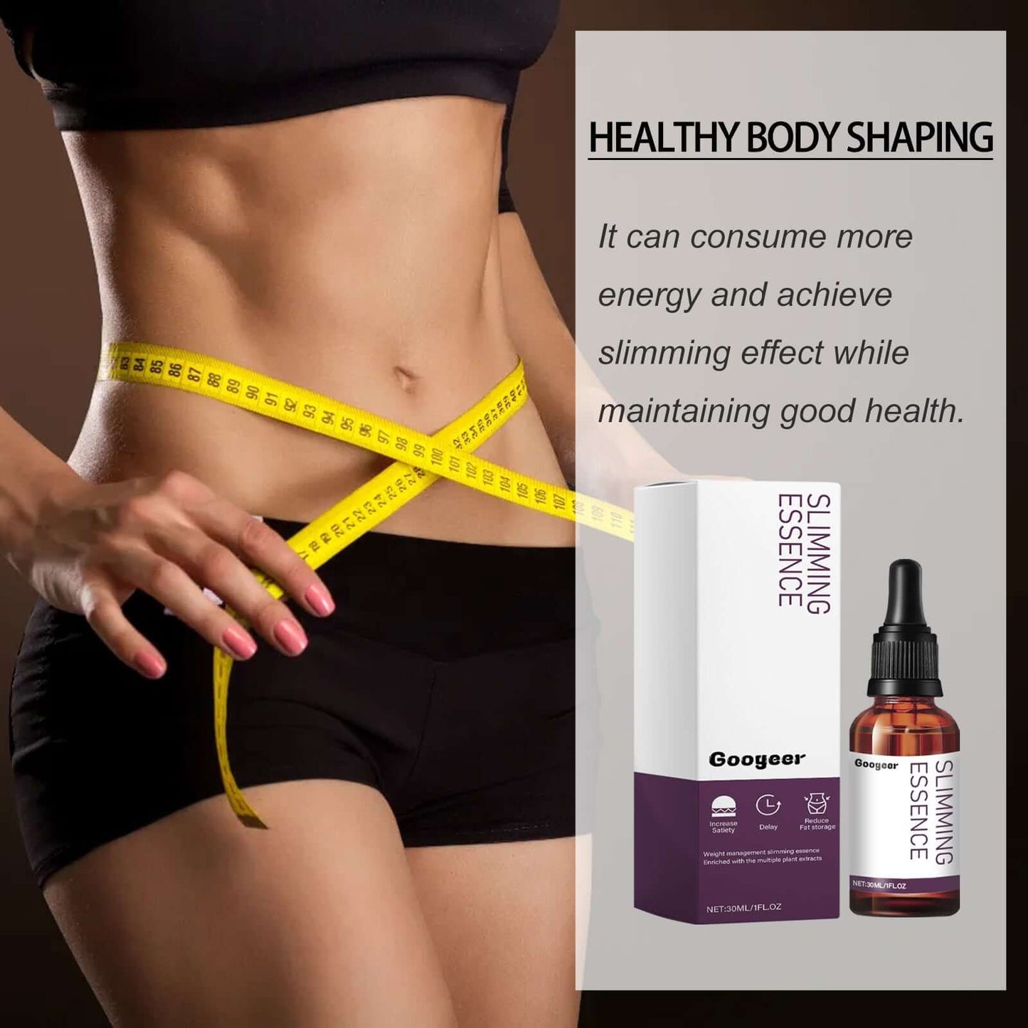 Body shaping drops for slimming and tightening; bottle and box with measuring tape around waist.
