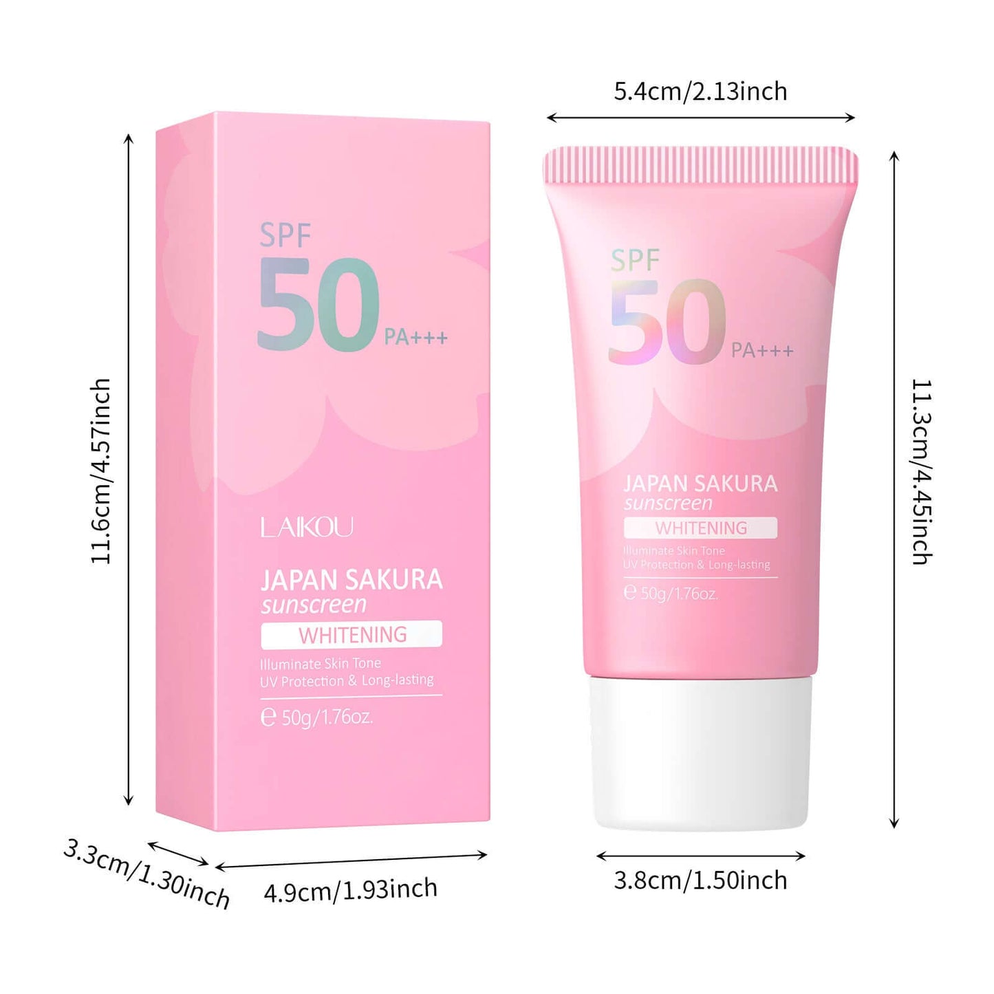 LAKOU Japan Sakura Sunscreen with SPF 50, whitening effect, comes in a pink tube and box, 55g package.