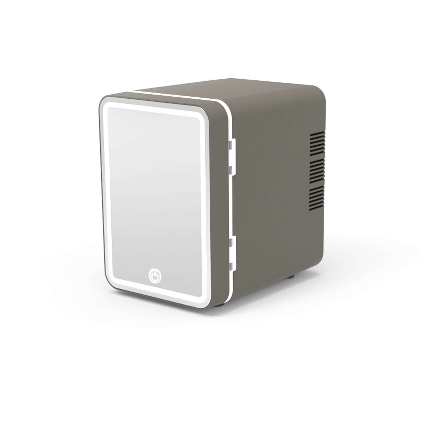 Mini beauty refrigerator in gray with built-in LED lights for skincare storage.