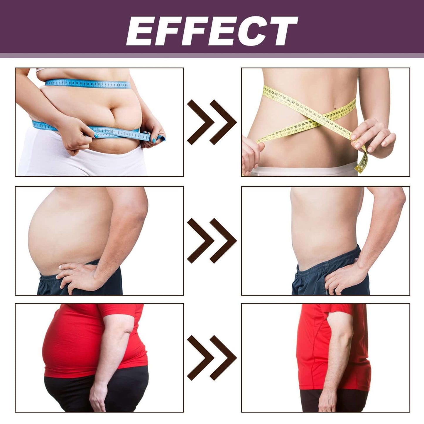 Before and after photo showing body slimming effects with measuring tape results.