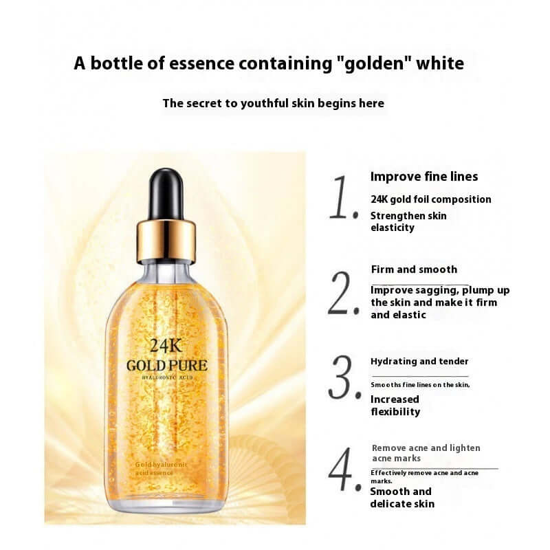 24K ginseng skin care essence bottle promoting youthful skin, improving elasticity, firmness, and smoothness.