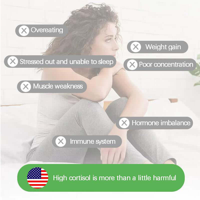 Woman sitting with symptoms of high cortisol, including stress, weight gain, and hormone imbalance displayed on the image.