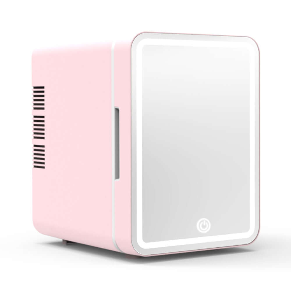 Pink mini beauty refrigerator with mirror and built-in LED lights for skincare essentials.