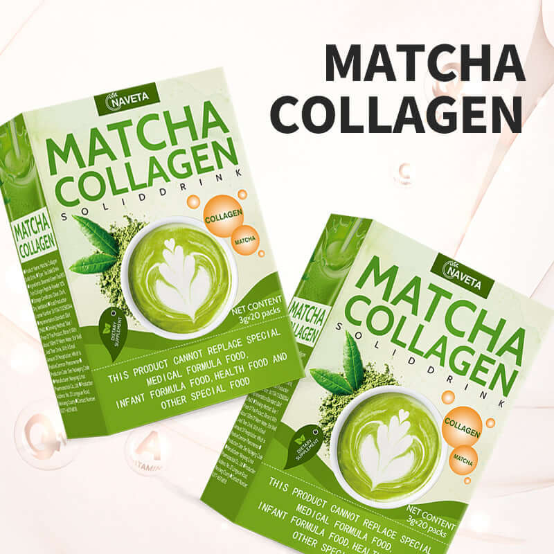 Matcha Collagen powder drink packaging featuring matcha green tea, collagen, and nutrition information.