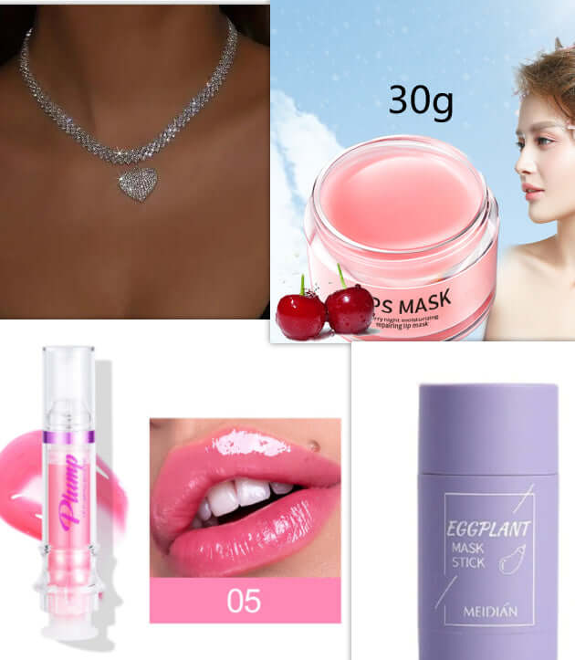 Lip care products including a lip mask, gloss, and eggplant mask stick, designed for moisturizing and nourishing lips.