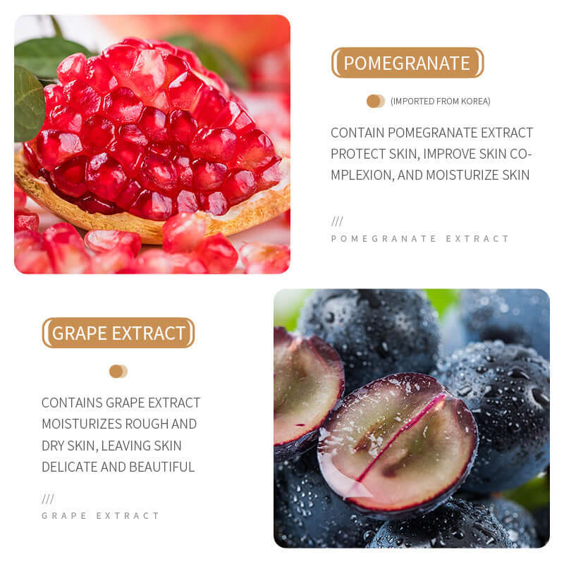 Close-up of pomegranate and grape extracts highlighting their benefits for skin hydration and complexion improvement.