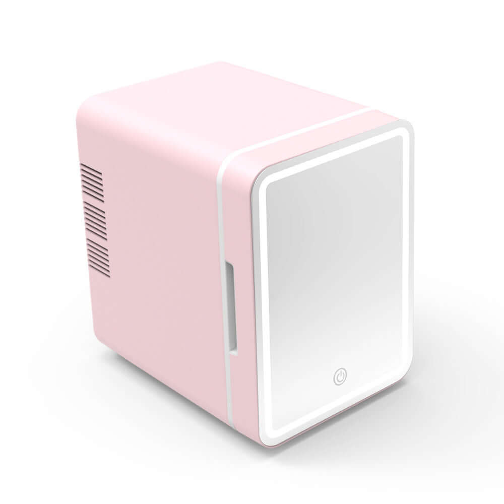 Pink mini beauty refrigerator with built-in LED lights and a mirror finish for skincare storage.