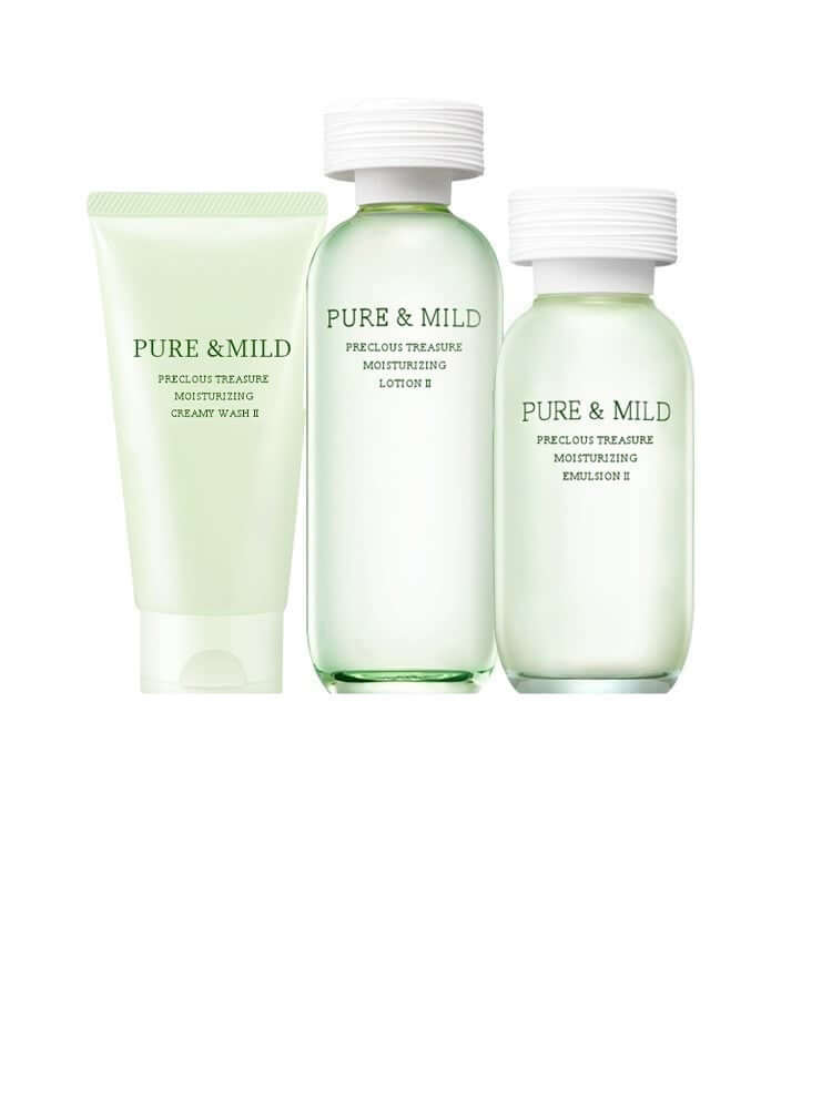 Pure & Mild Precious Treatment moisturizing skincare set including cream wash, lotion, and emulsion for hydration.