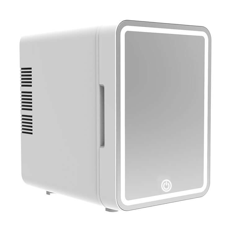 Mini beauty refrigerator with built-in LED lights and a sleek white mirror finish.