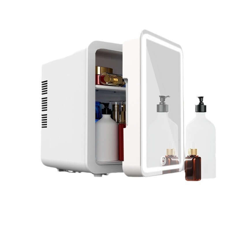 Mini beauty refrigerator in white with LED lights, displaying skincare products inside.