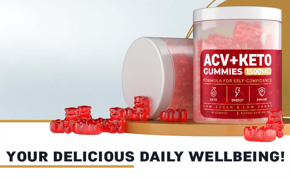 ACV Keto gummies jar with red gummy bears promoting daily wellness and low sugar content.