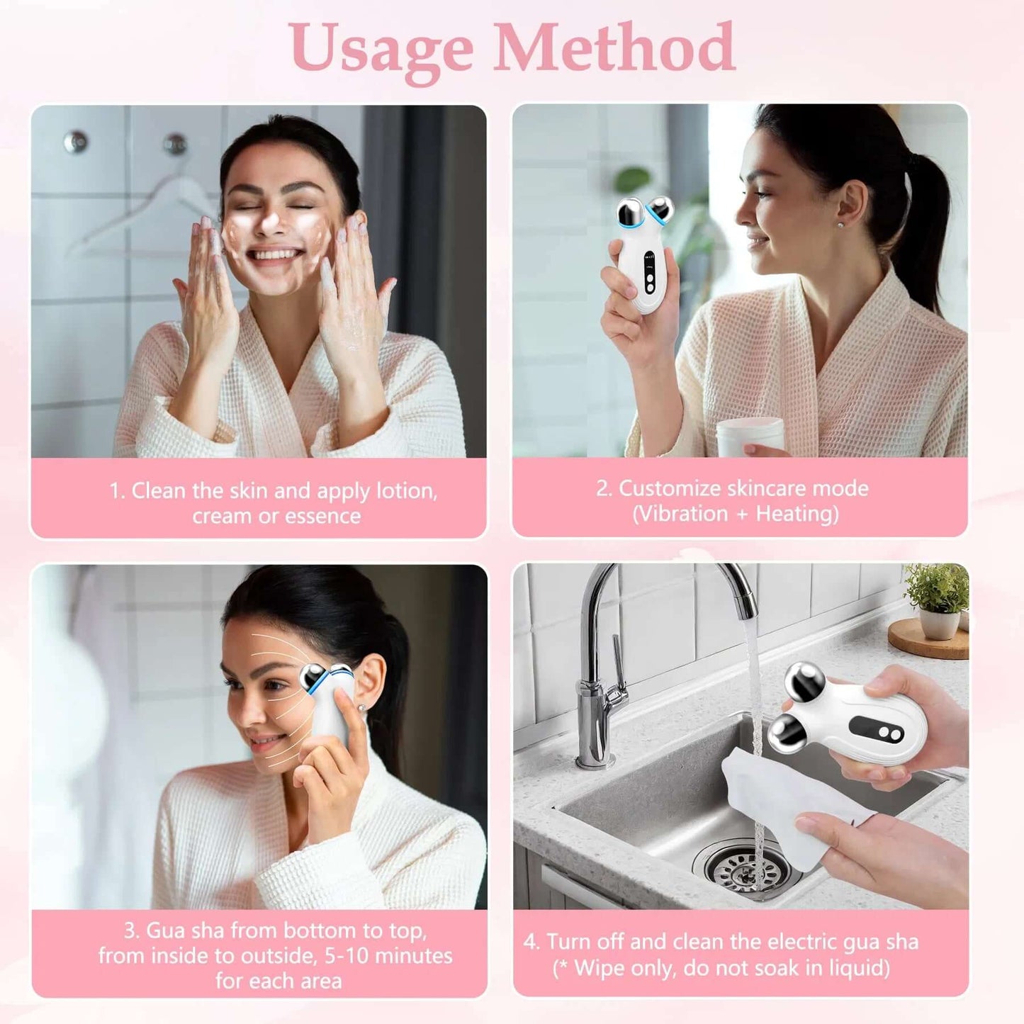 Step-by-step usage guide for a microcurrent facial device promoting skincare routines for anti-aging benefits.