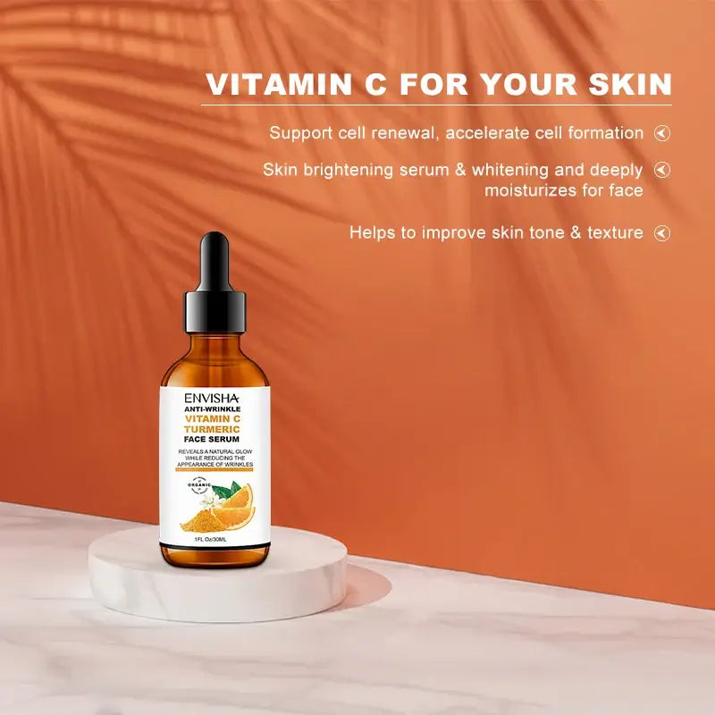 Vitamin C Turmeric Serum for skin renewal, brightening, and moisturizing; promotes even skin tone and texture.