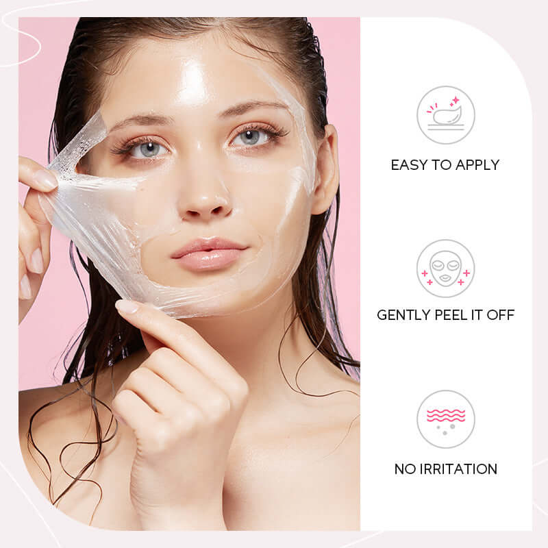 Woman demonstrating the Flower Tearing Mask, showcasing easy application and gentle peel-off features.