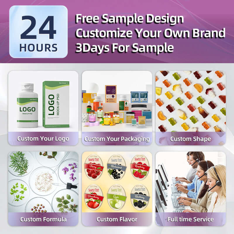 Custom branding options for health products: logo design, packaging, shape, formula, flavor, and full-time service.