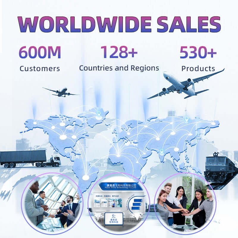 Infographic showing global sales statistics: 600M customers, 128+ countries, 530+ products with airplane and shipping visuals.
