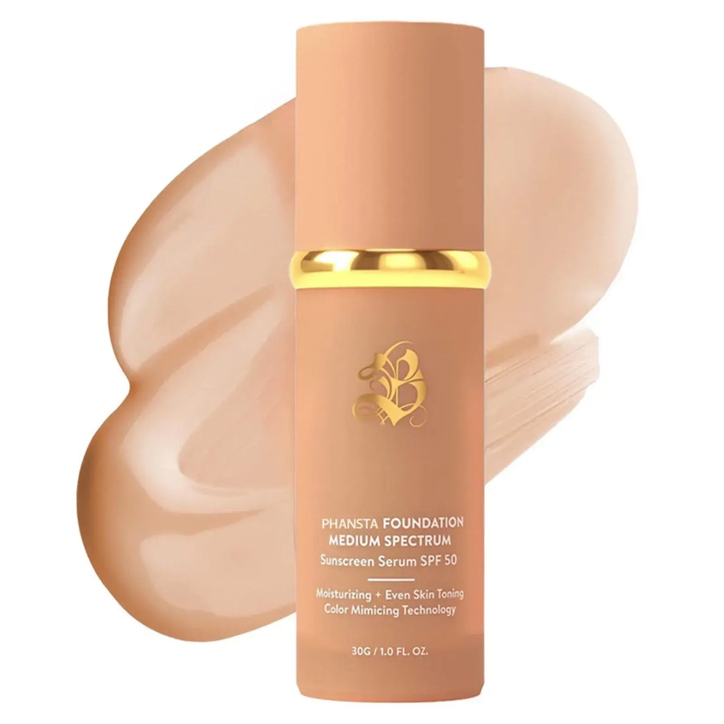 Phansta Foundation Medium Spectrum sunscreen serum SPF 50, moisturizing with color mimicking technology, displayed with foundation swatch.