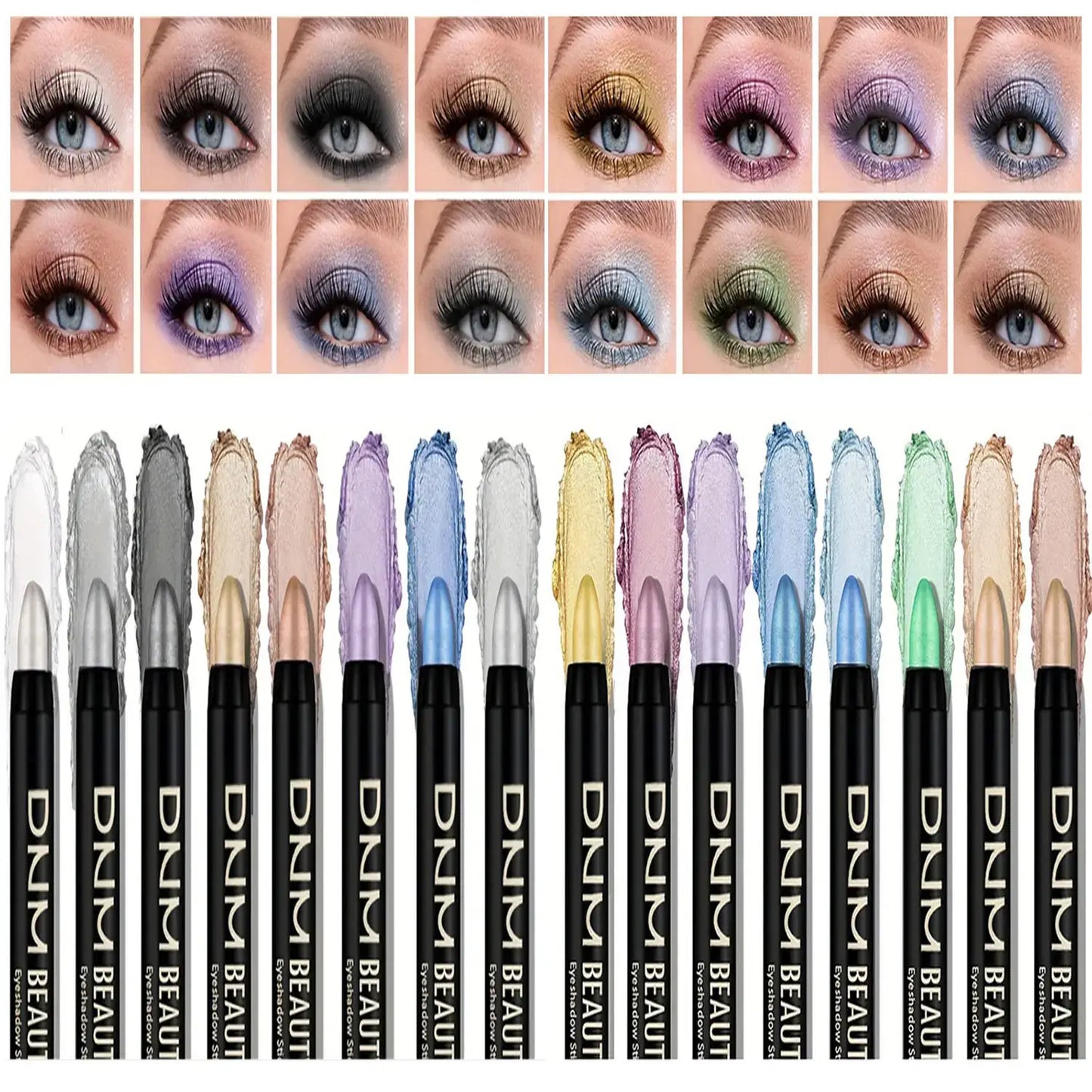 A display of various eye makeup looks featuring vibrant, waterproof glitter eyeliners in multiple colors.