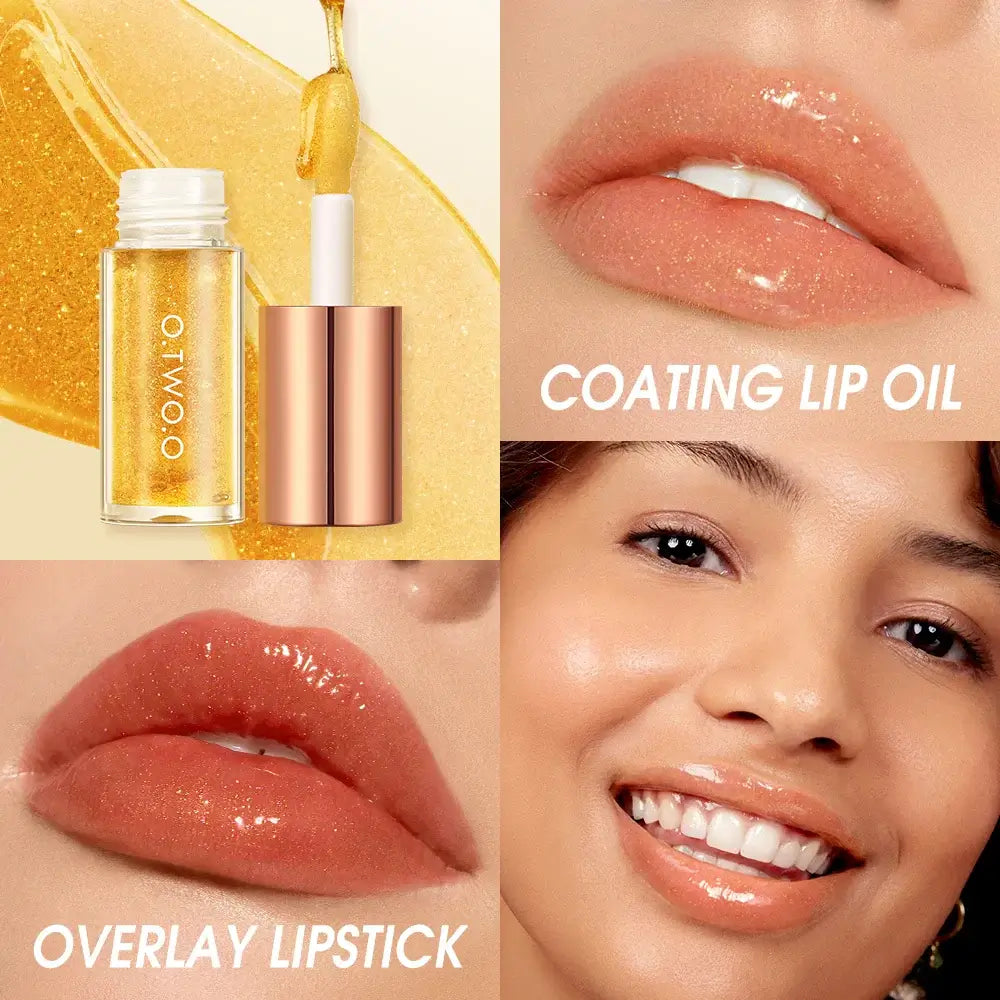 O.TWO.O Lip Plumper Gloss showcasing coating lip oil and overlay lipstick on smooth lips for a glossy look.