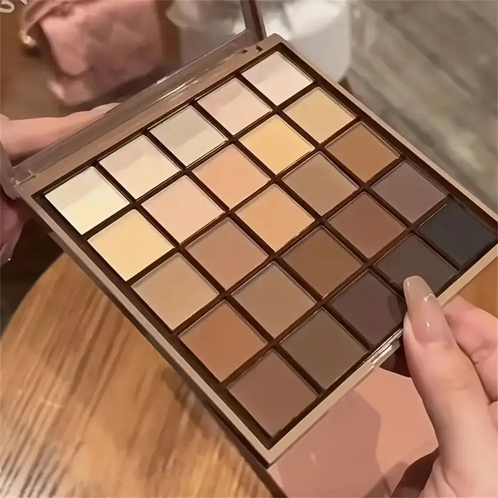 25 color eyeshadow palette featuring neutral gray and brown tones for versatile makeup looks.