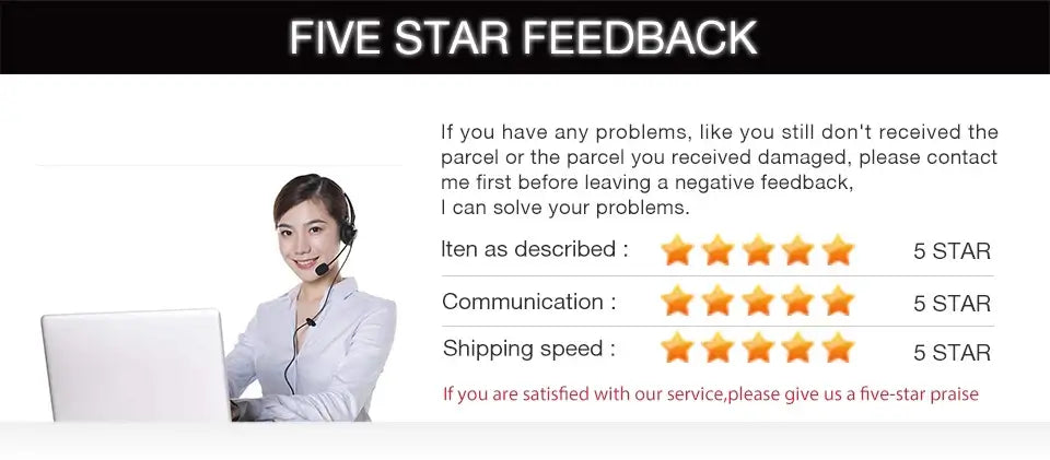 Five star feedback graphic showing customer service representative with positive ratings for item, communication, and shipping speed.