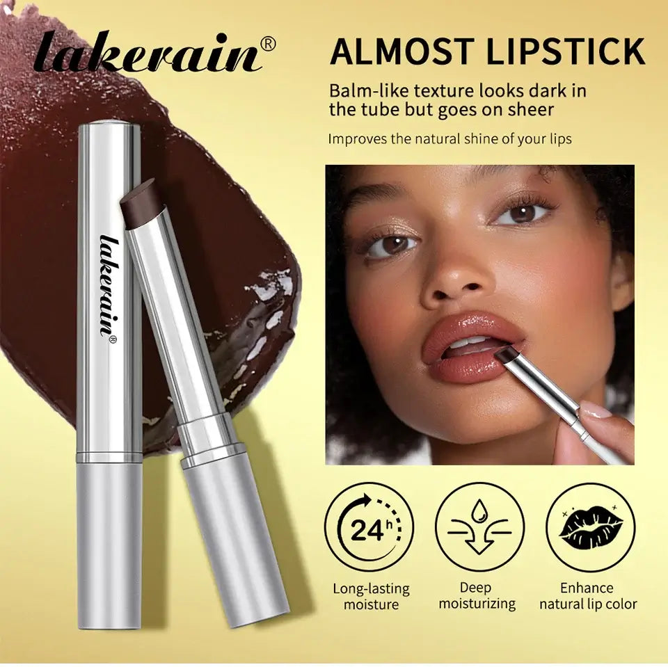 Lakerain Almost Lipstick in dark brown, showcasing a balm-like texture and 24-hour moisture for enhancing natural lip color.
