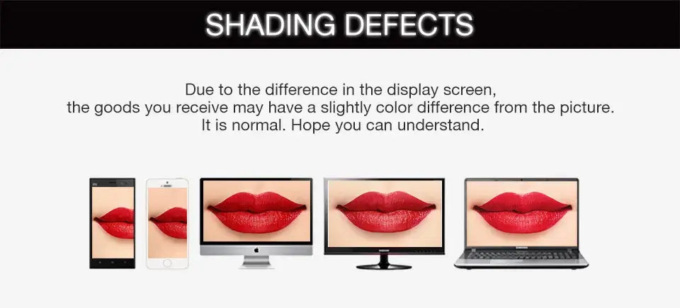 Image illustrating potential shading defects in product colors across different display screens.