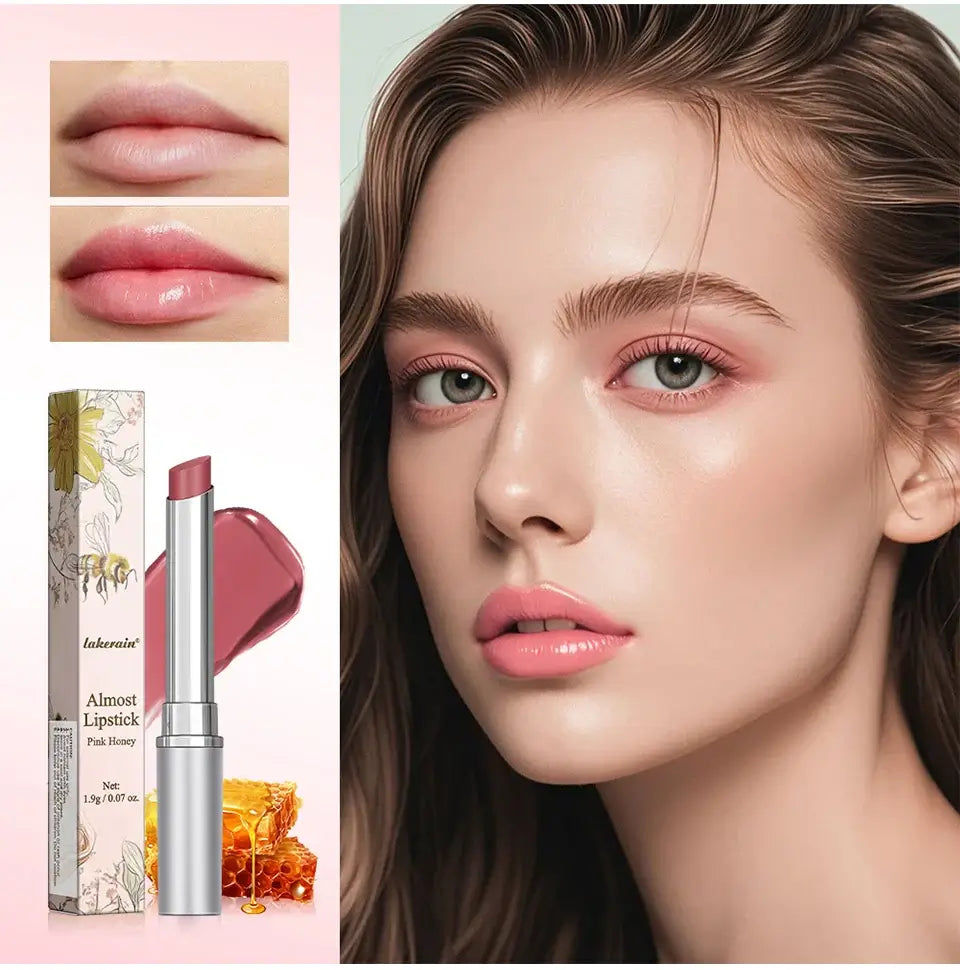 Long lasting black honey lipstick shown with model, highlighting moisturized lips and product packaging.