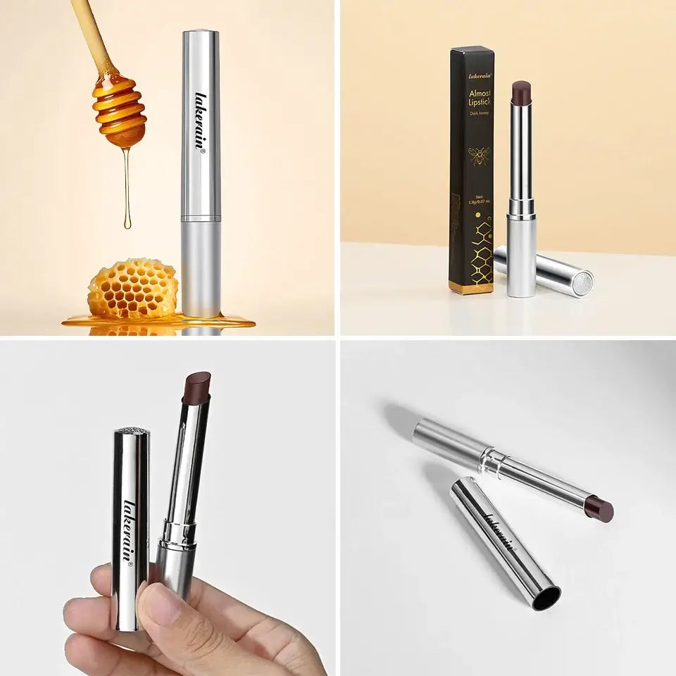 Long-lasting black honey lipstick in sleek packaging next to honey dipper and honeycomb, showcasing moisturizing benefits.