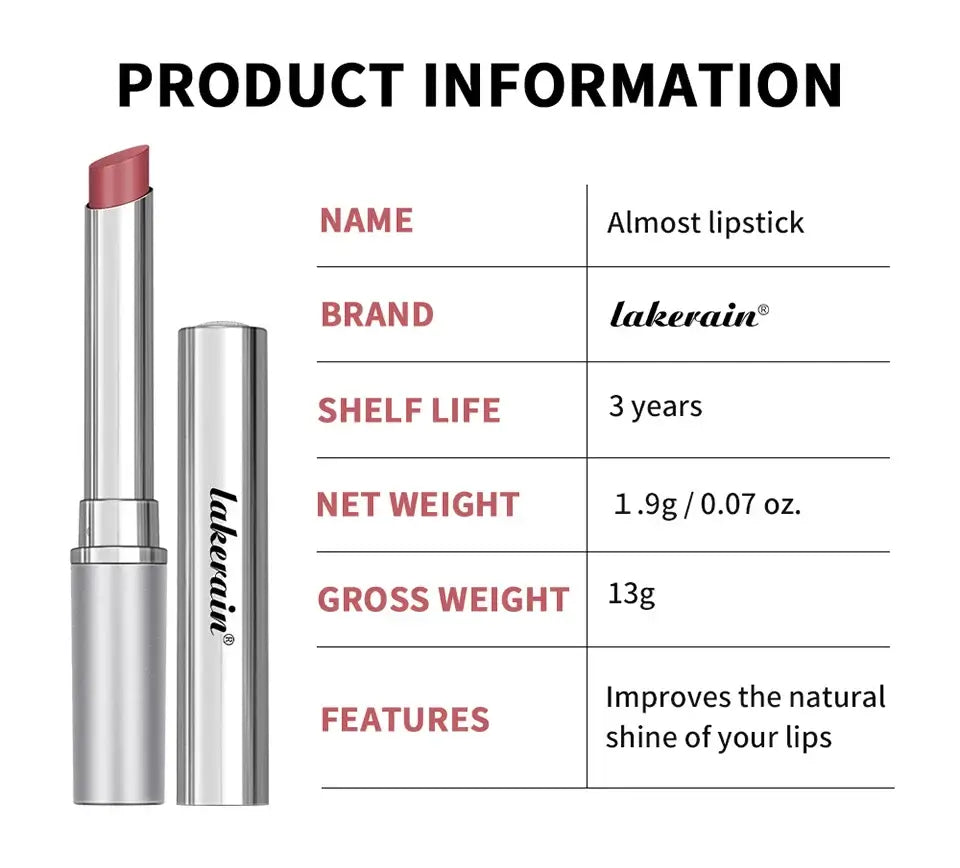Product information for Lakerain Almost Lipstick: Enhances lip shine, 1.9g, 3-year shelf life, 13g gross weight.