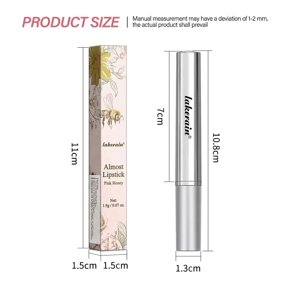Product size chart for Lakevait Almost Lipstick in Pink Honey, dimensions and packaging information.