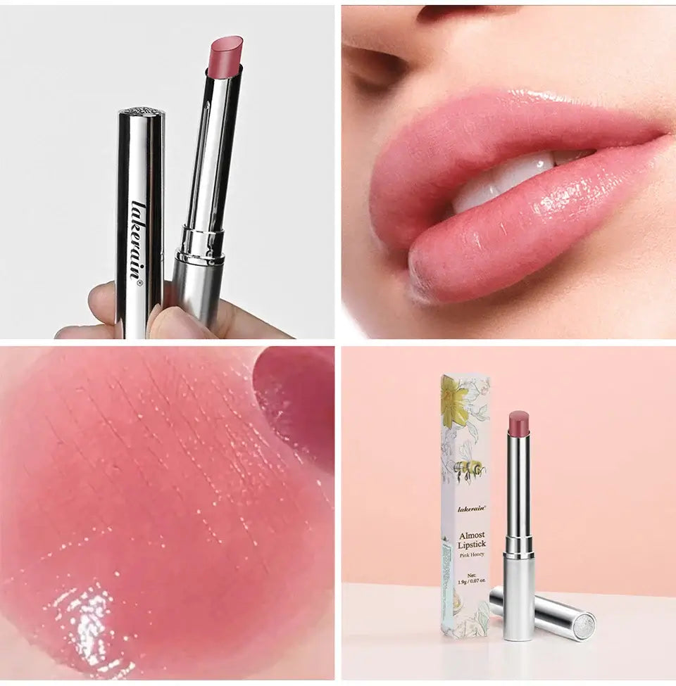 Close-up of a pink Almost Lipstick, showcasing its creamy texture, packaging, and application on lips.