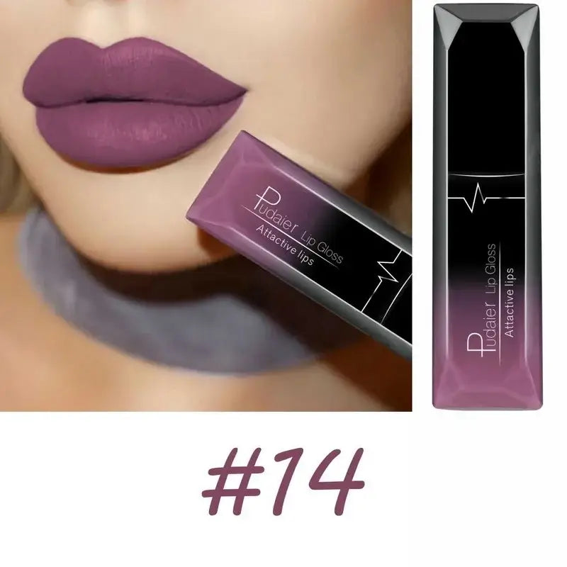 Long lasting matte lipgloss in shade #14, featuring attractive purple hue and model showcasing smooth application.